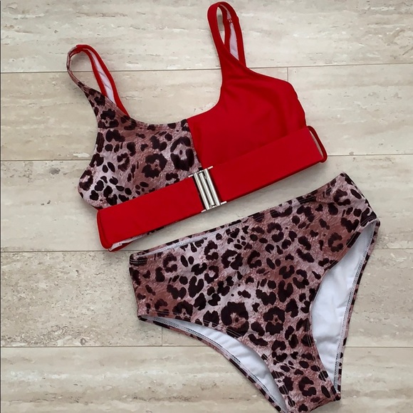 Other - Leopard belted high waist bikini swim suit NWOT